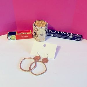 NIB: rareEARTH Aromatherapy Roll-On, Tyler candle, Hanging earrings, lipstick